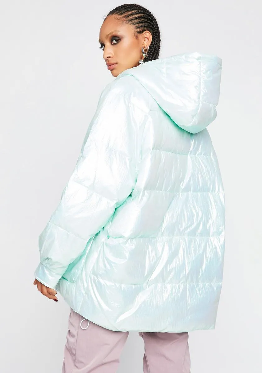 Metallic Mint Hooded Puffer Jacket