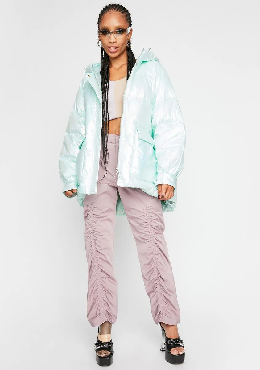 Metallic Mint Hooded Puffer Jacket