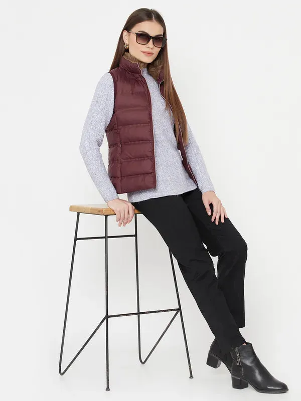 Mettle Women Maroon Sleevless Puffer Jacket