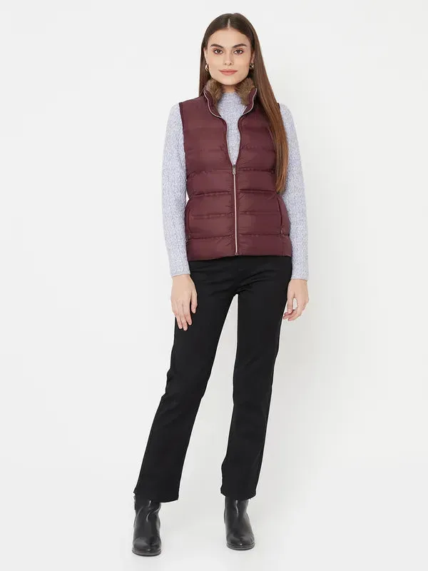 Mettle Women Maroon Sleevless Puffer Jacket