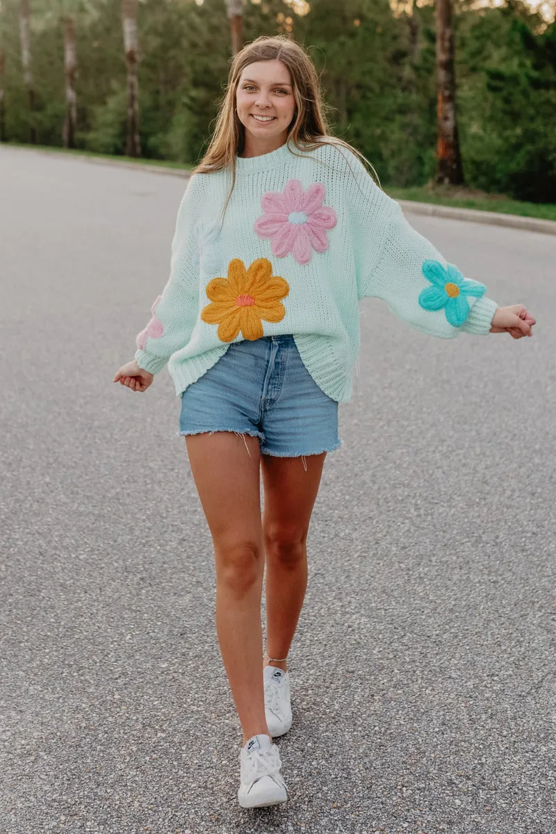 Mint Floral Colorful Stitched Wholesale Sweater