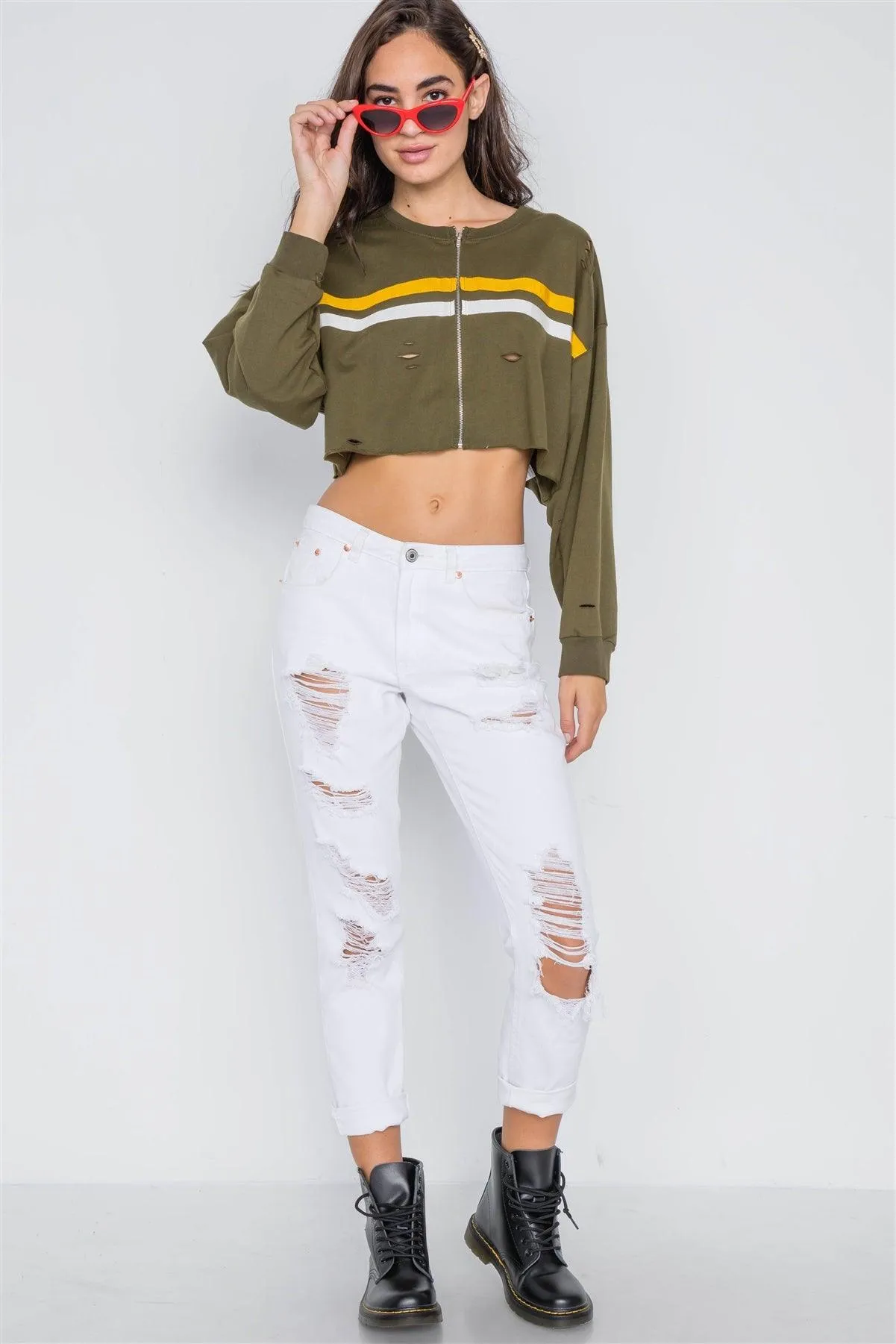 Olive Distressed Zip-Up Colorblock Cropped Sweater /1-2-2