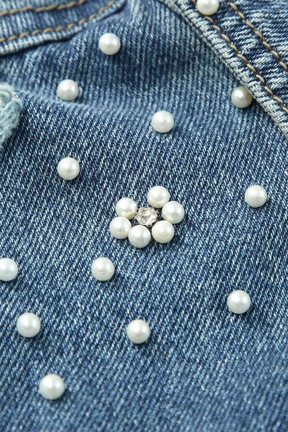 Pearl Detail Distressed Button Up Denim Jacket