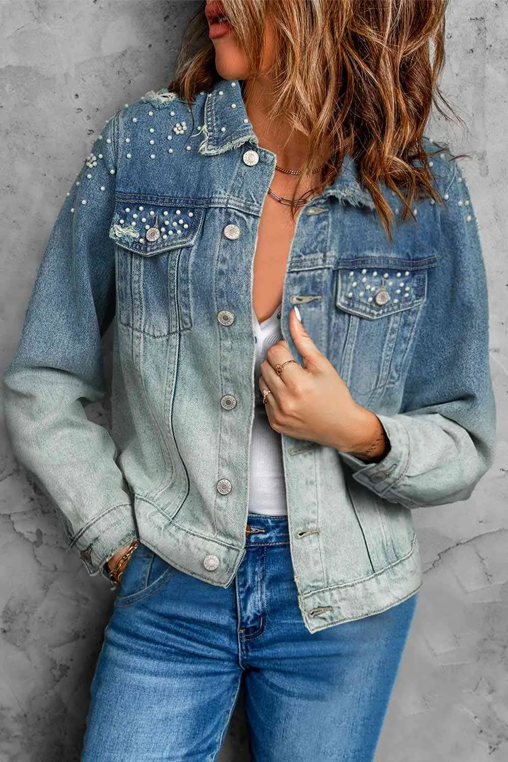 Pearl Detail Distressed Button Up Denim Jacket