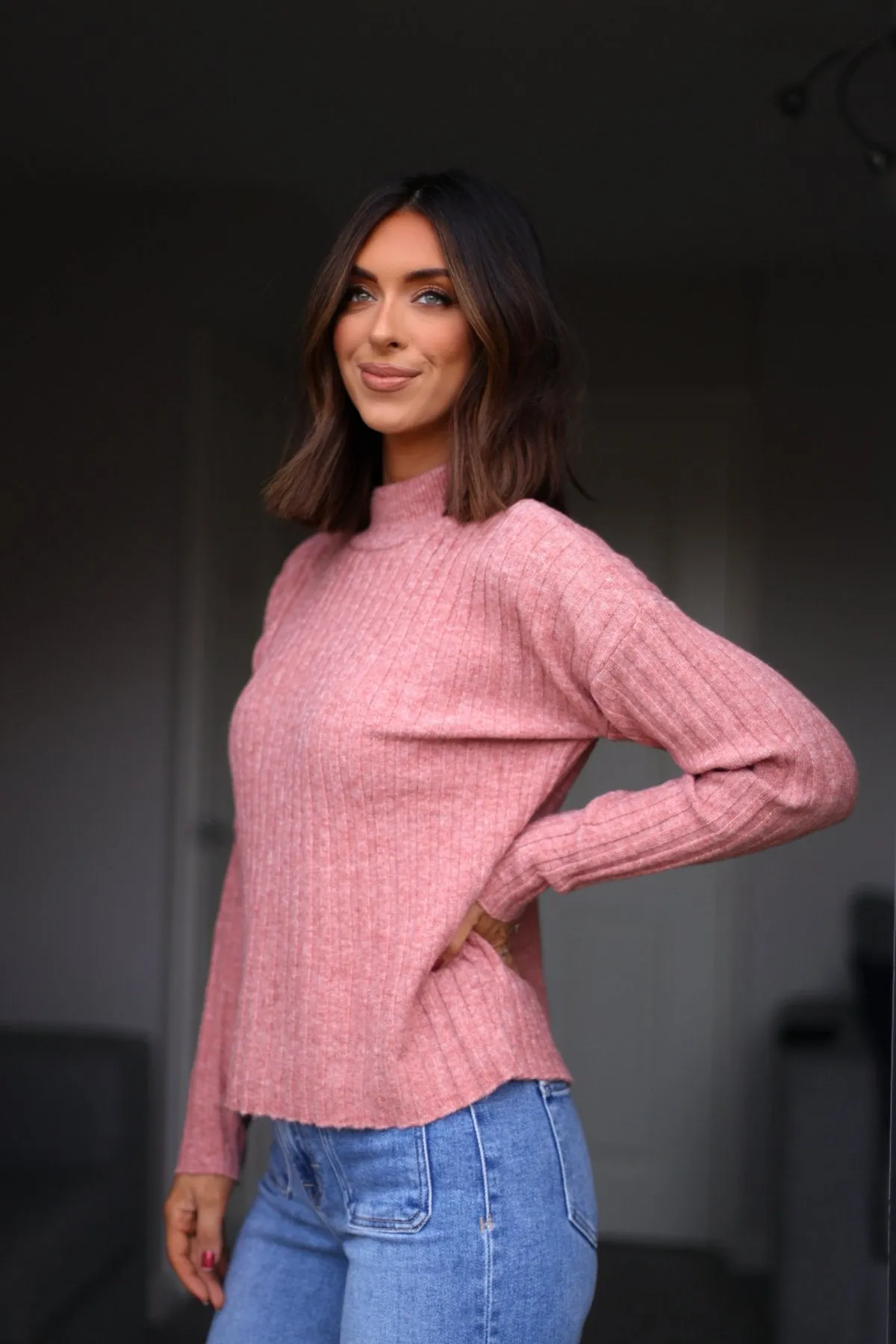 Pink Ribbed Mock Neck Sweater