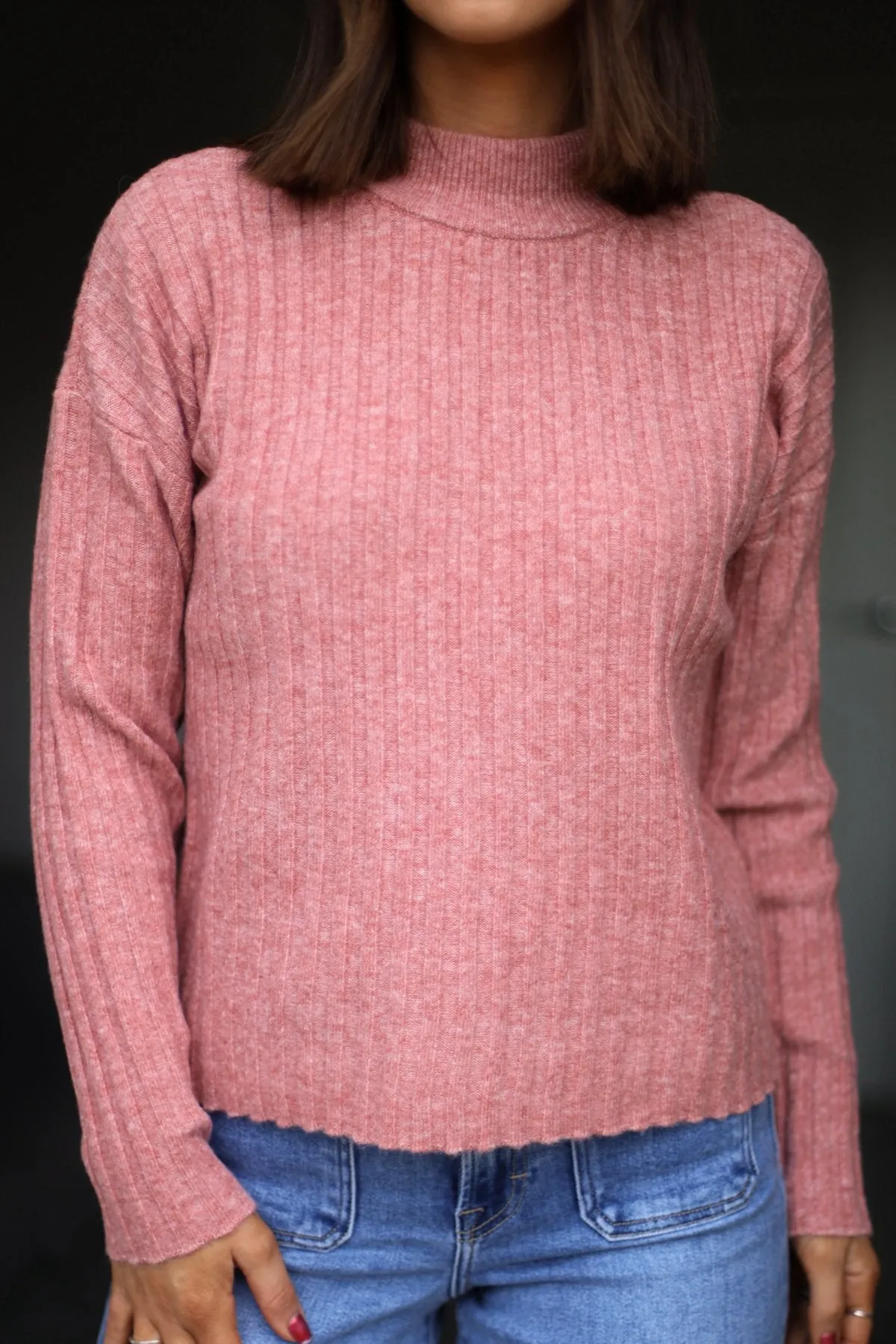 Pink Ribbed Mock Neck Sweater