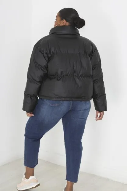 PLUS SIZE BLACK MATTE FAUX LEATHER PADDED COAT