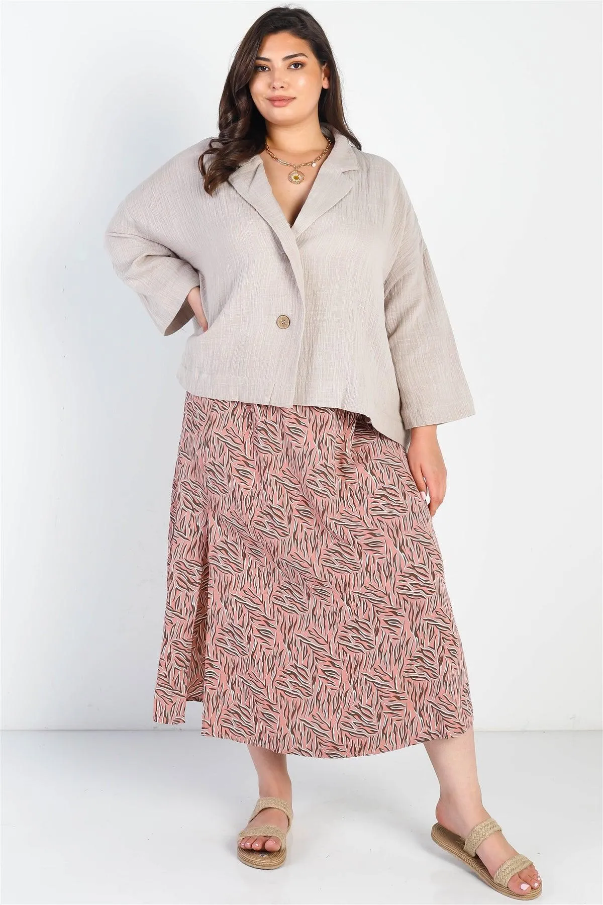 Plus Size Blush Printed High Waist  Midi Skirt