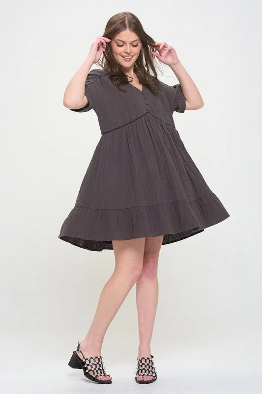 PLUS SIZE SHORT SLV BUTTON DOWN V-NECK SHORT DRESS