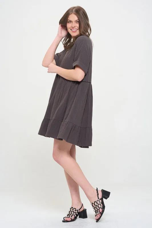 PLUS SIZE SHORT SLV BUTTON DOWN V-NECK SHORT DRESS