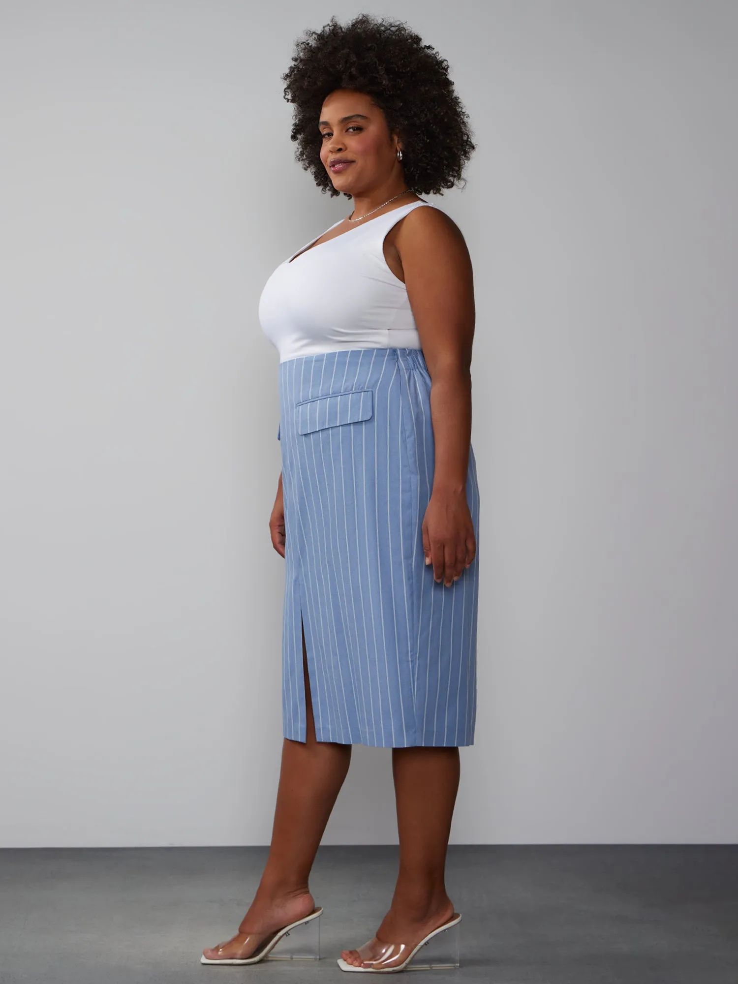 Plus Tailored Stripe Midi Skirt