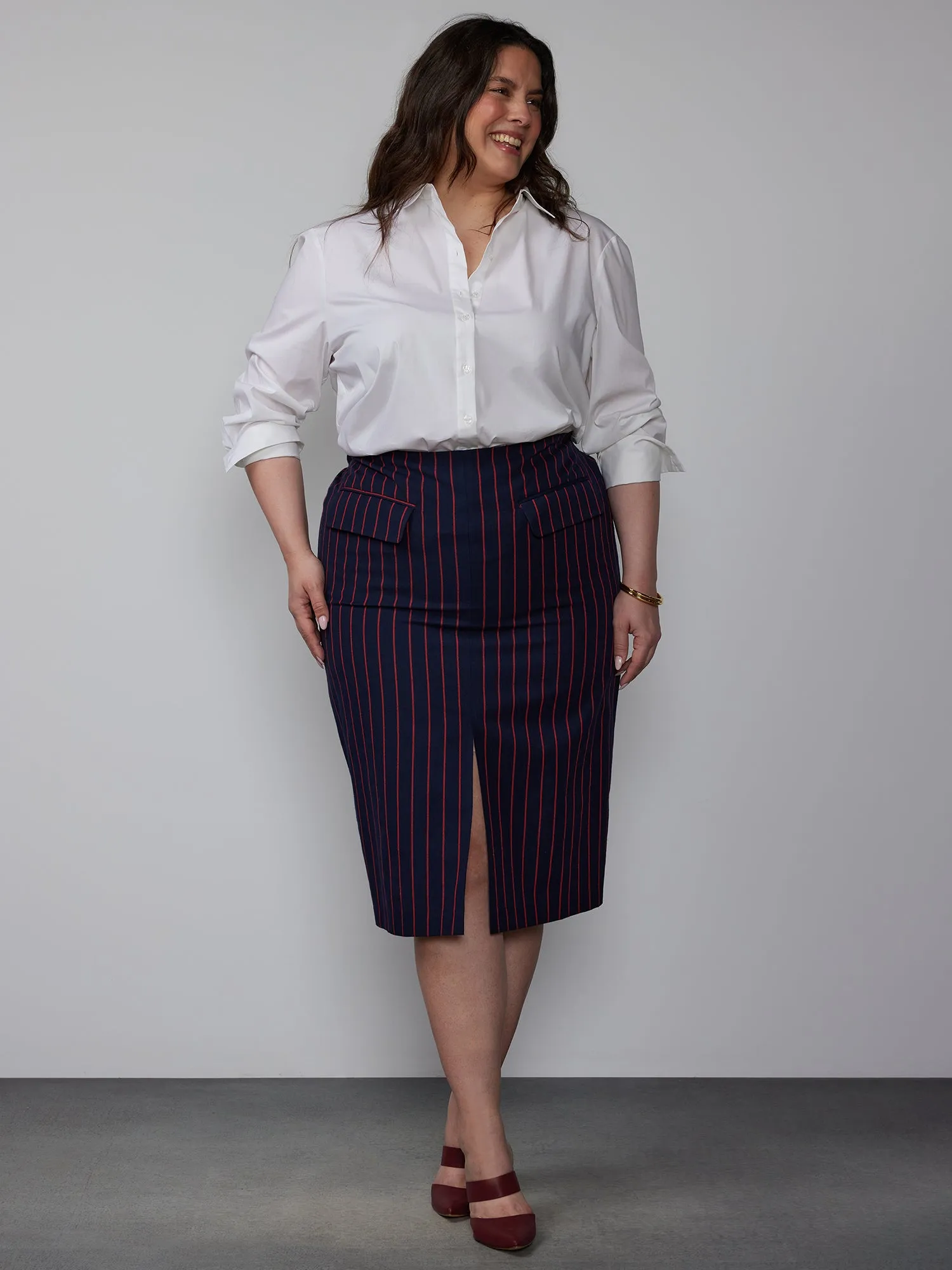 Plus Tailored Stripe Midi Skirt