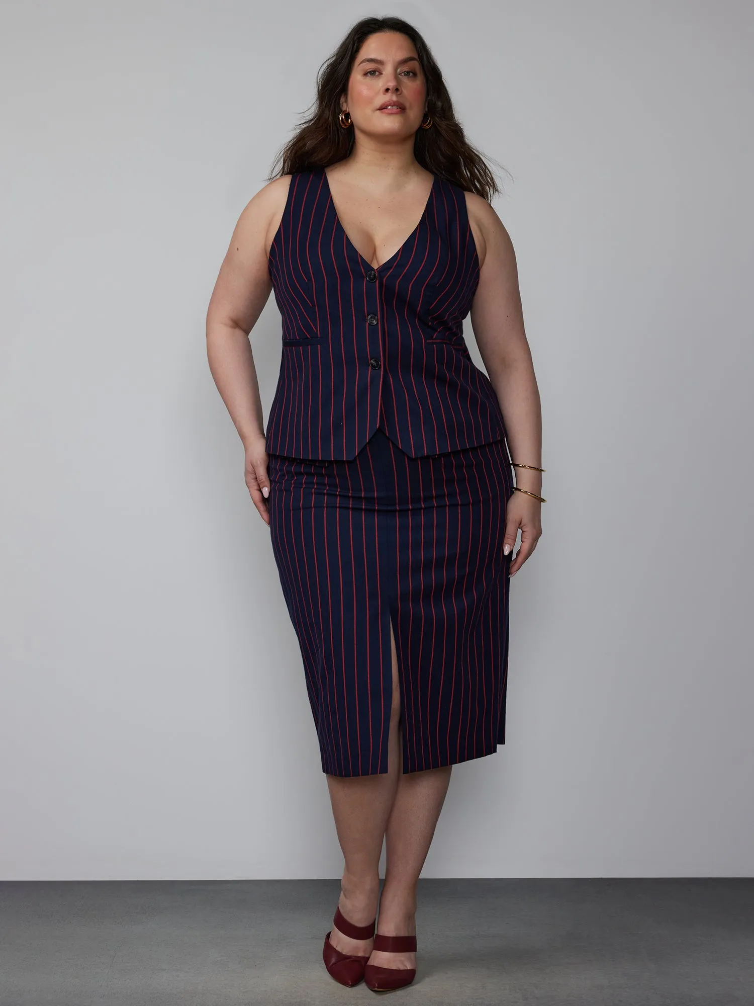 Plus Tailored Stripe Midi Skirt