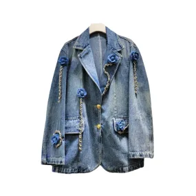 Pre Order:  3D Flower Patchwork Gold Chain Washed Denim Jacket