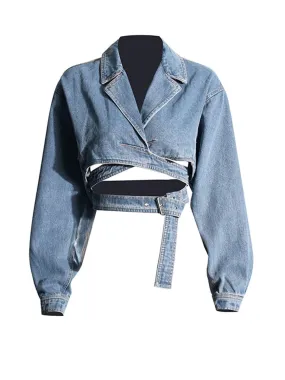 Pre Order:  Cross Layered Hollow Waist Denim Jacket