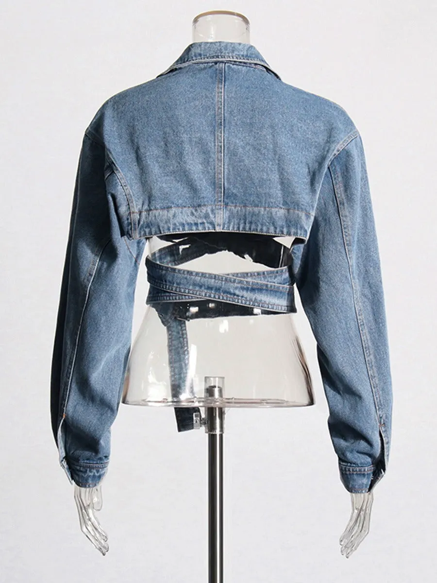 Pre Order:  Cross Layered Hollow Waist Denim Jacket