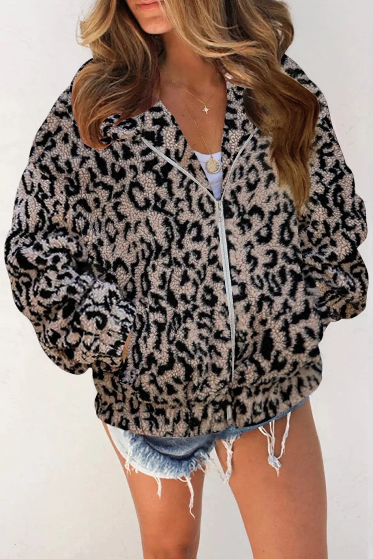 Print Sherpa Jacket Coat With Zip