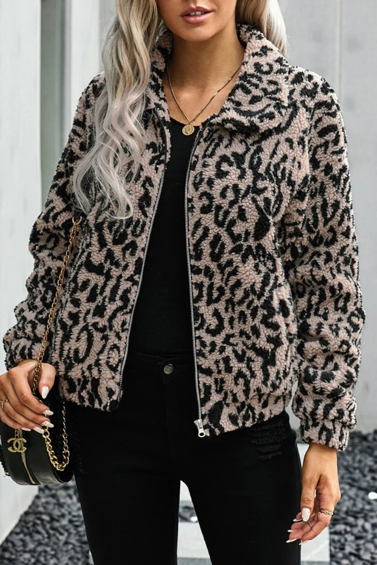 Print Sherpa Jacket Coat With Zip