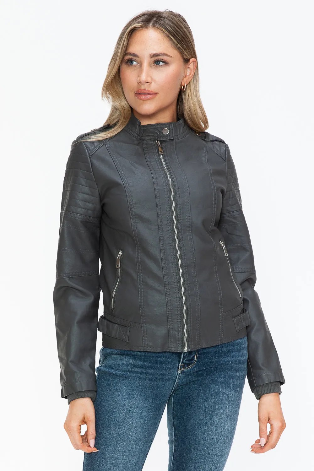 PU Leather Biker Jacket with Side Zip Pockets