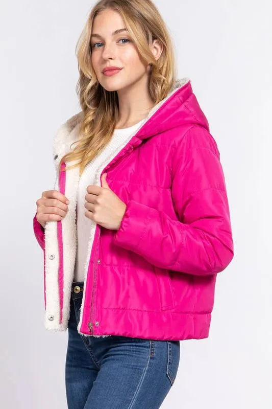 Puffer Hoodie Jacket with Faux Fur