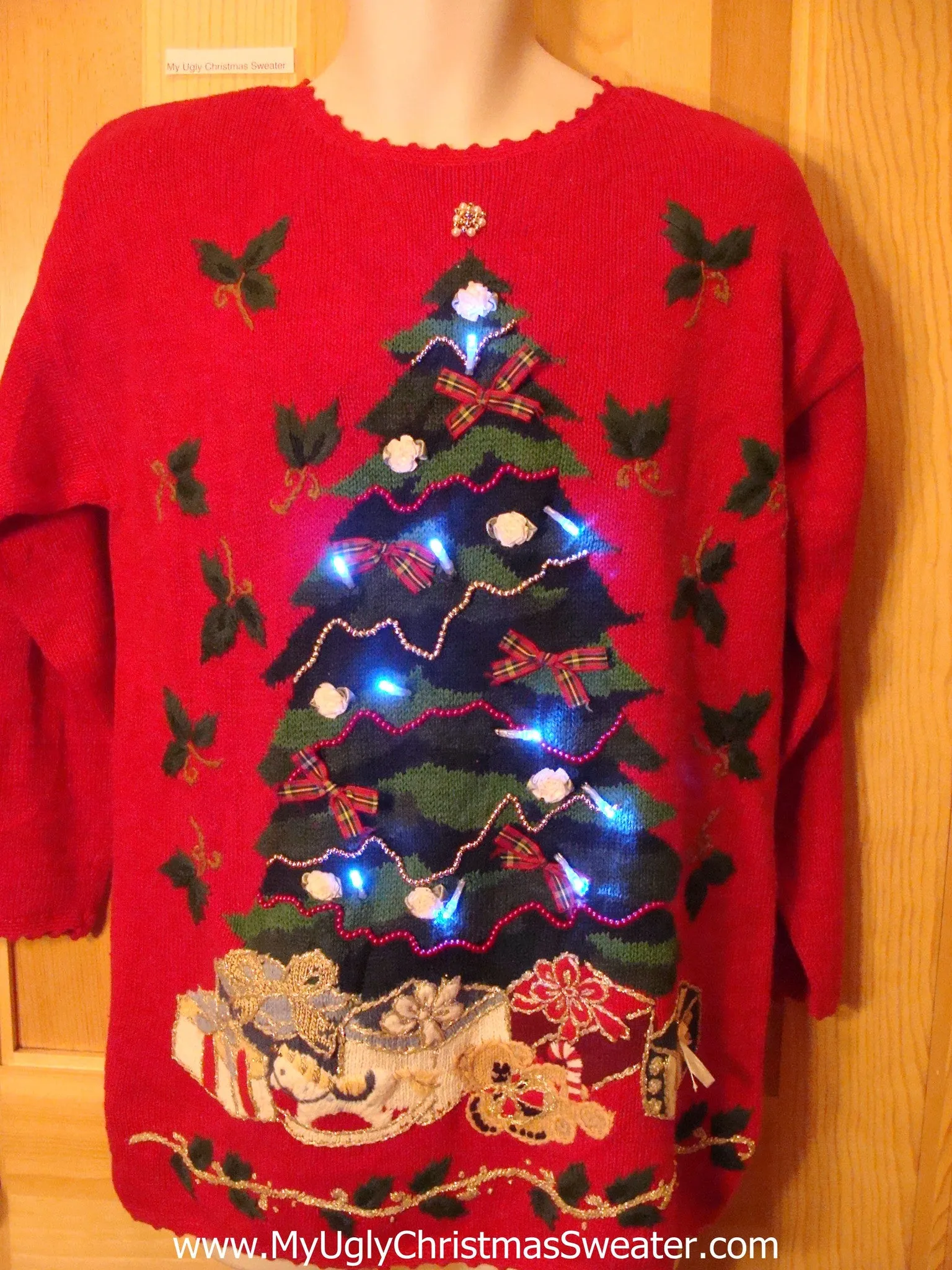 Red 80s Light Up Ugly Christmas Sweater Tree