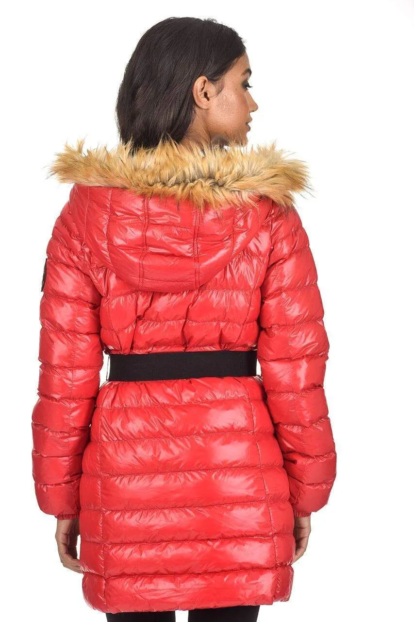 Red Wet Look Long Puffer Coat