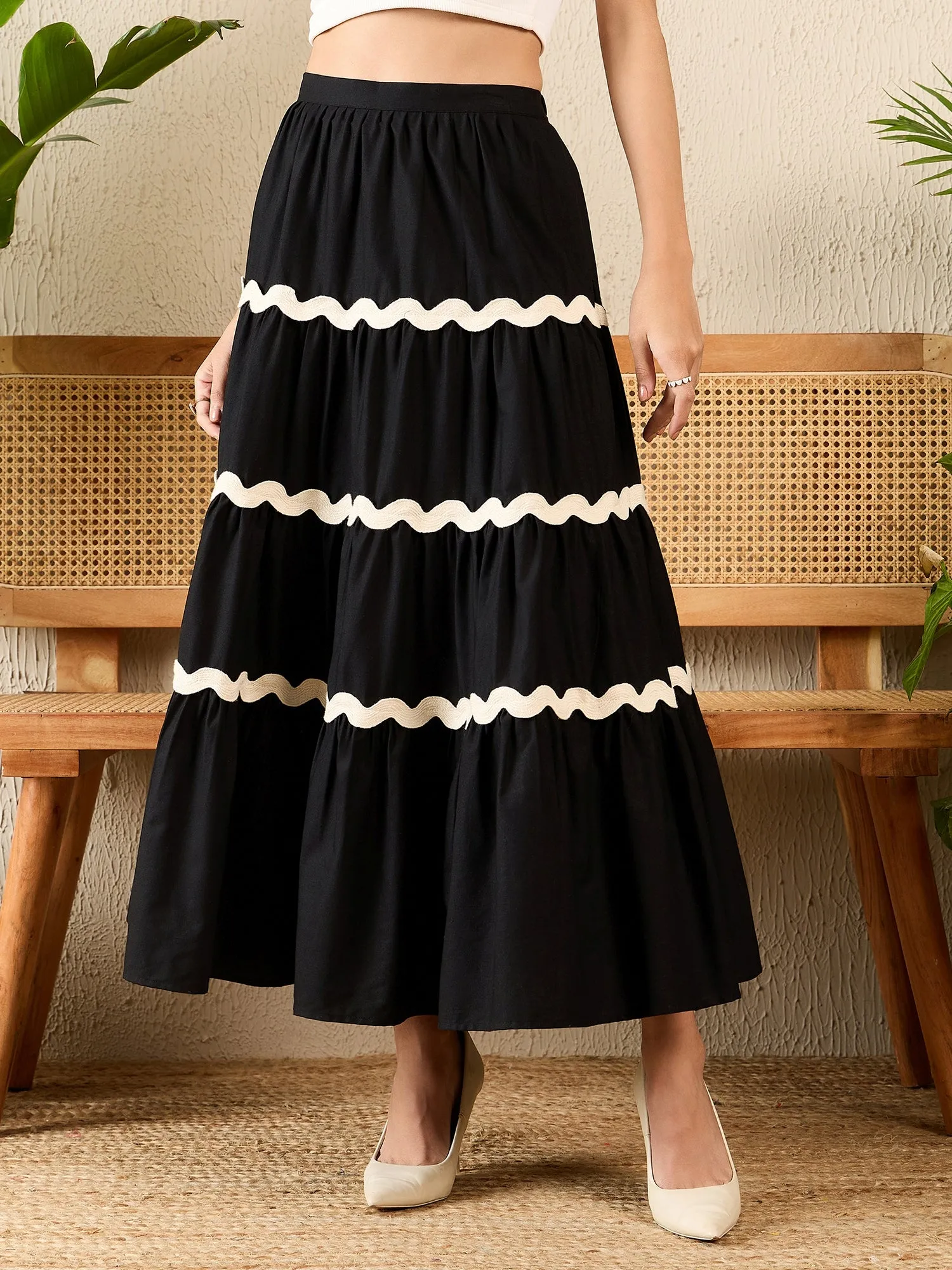 Ric-Rac Cotton Tiered Midi Skirt