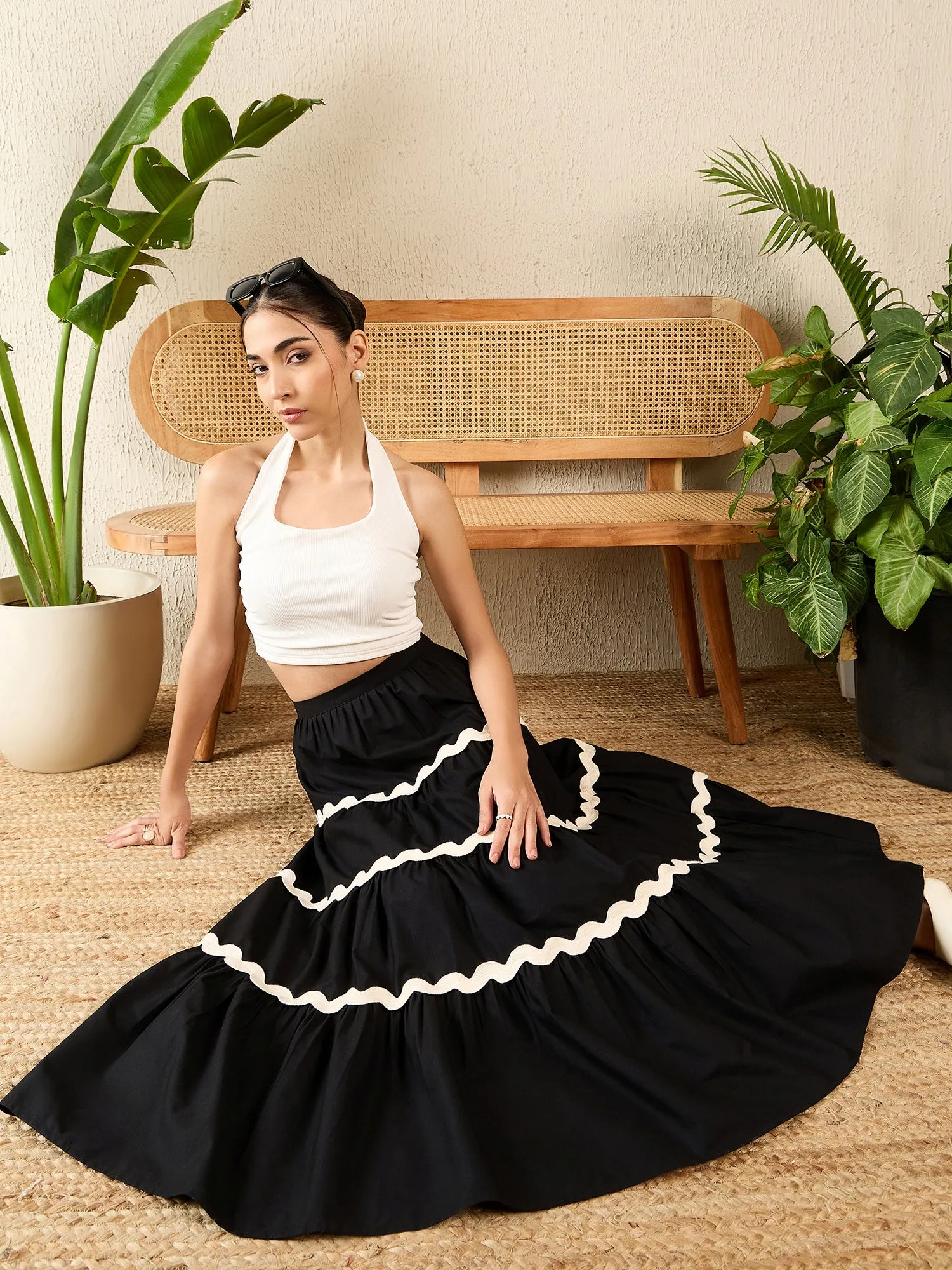 Ric-Rac Cotton Tiered Midi Skirt