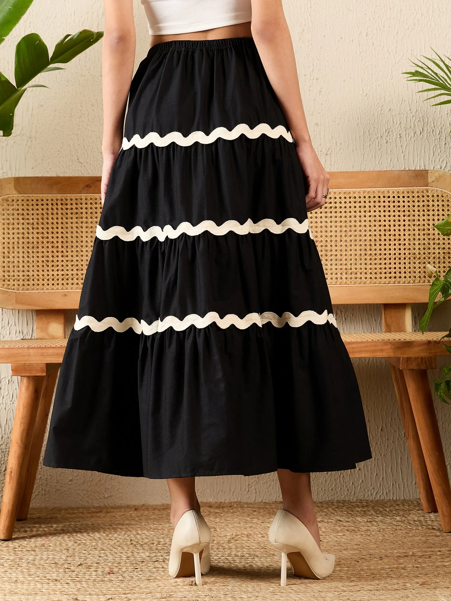 Ric-Rac Cotton Tiered Midi Skirt