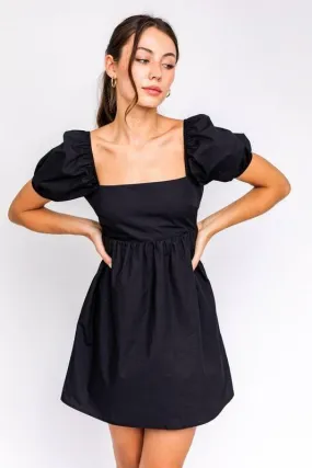 Rosemary Black Square Neck Puff Sleeve Babydoll Dress