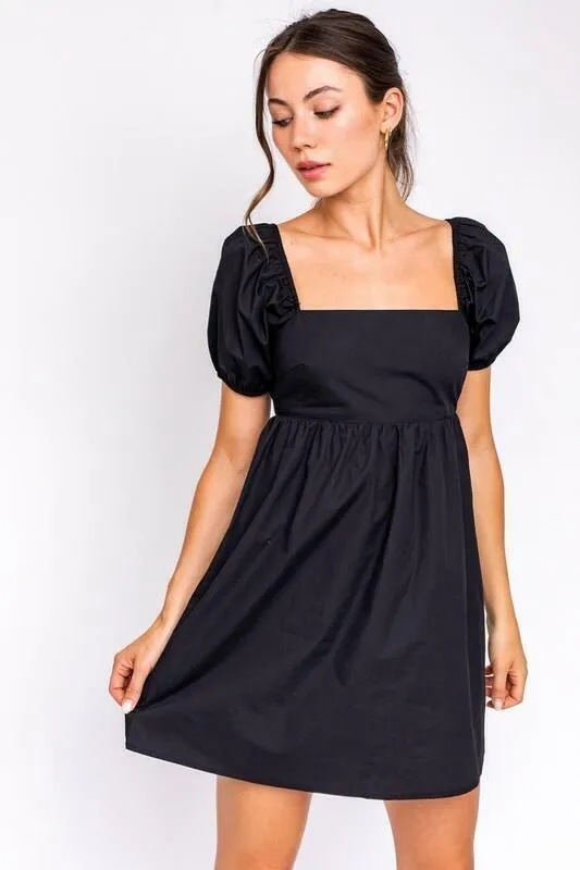 Rosemary Black Square Neck Puff Sleeve Babydoll Dress