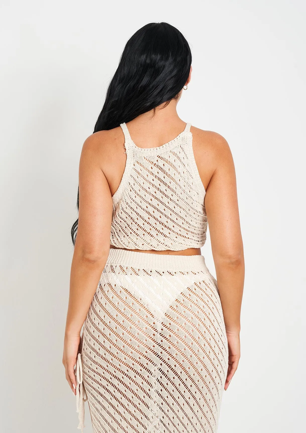 Saffiyah Beige Crochet Knit Beach Crop Top And Midi Skirt Set