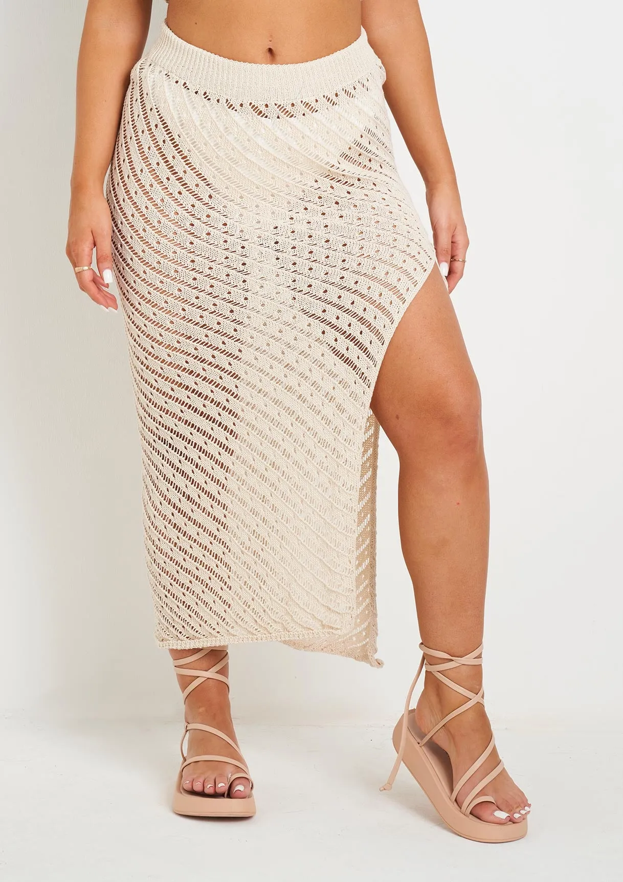 Saffiyah Beige Crochet Knit Beach Crop Top And Midi Skirt Set