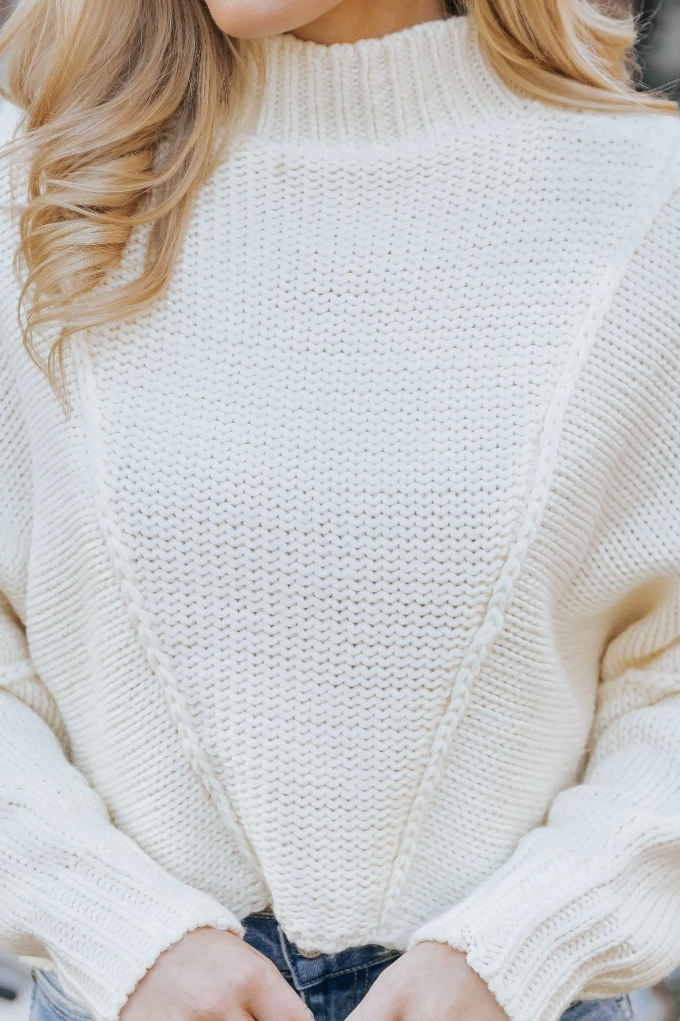 Seam Detail Mock Neck Sweater - Cream