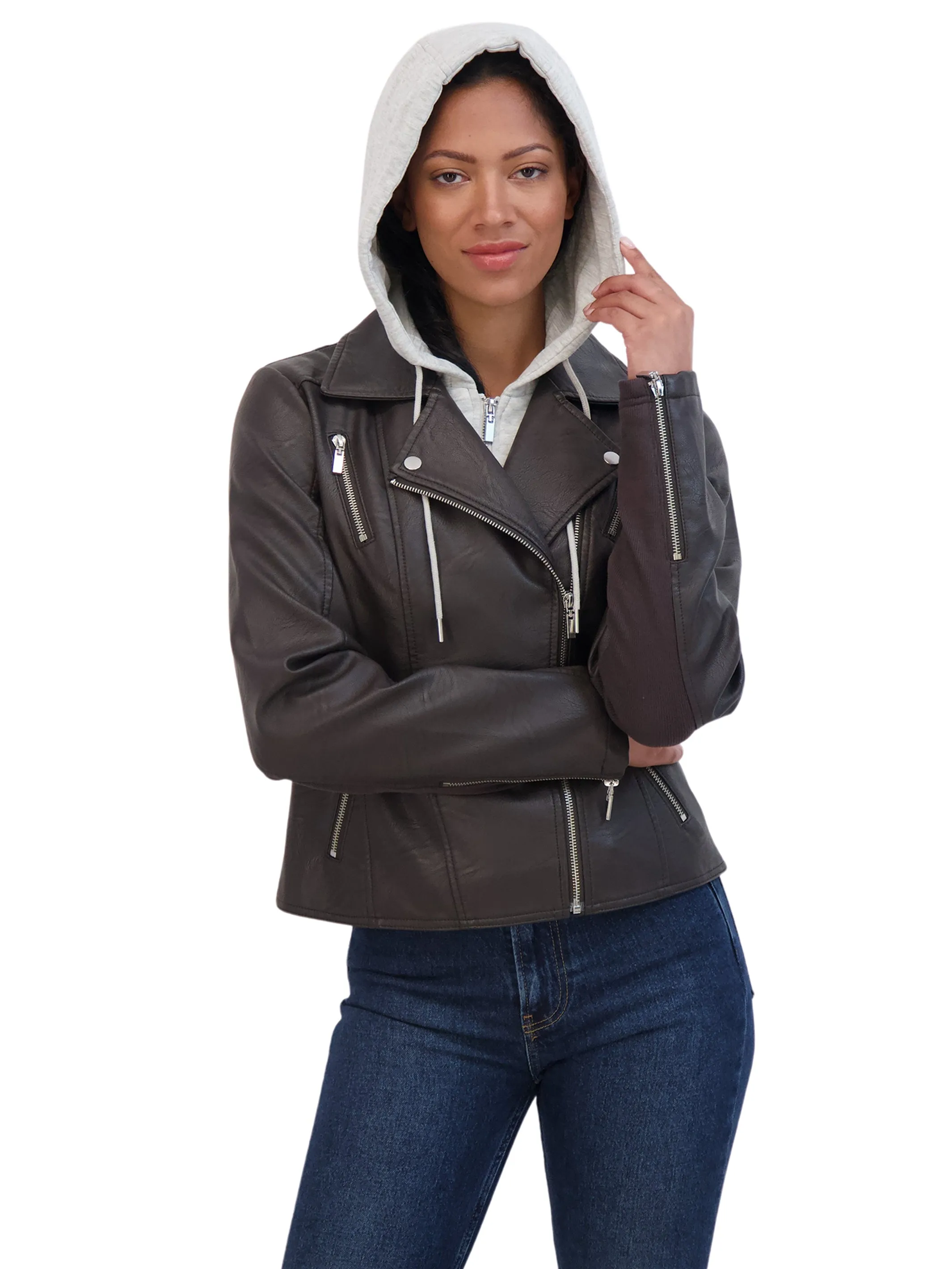 Sebby Collection Women's Faux Leather Biker Jacket With Removeable Hood Bib