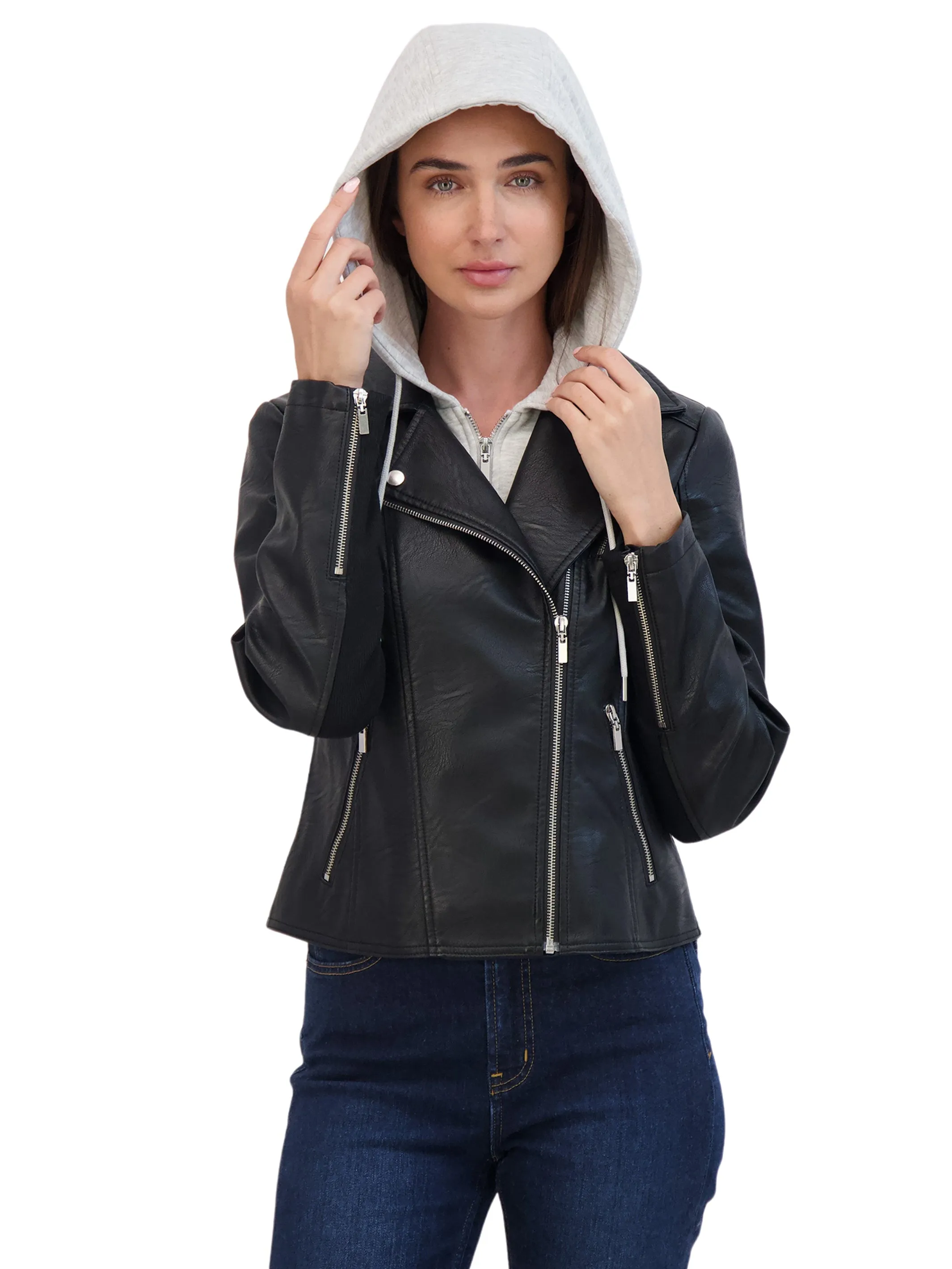 Sebby Collection Women's Faux Leather Biker Jacket With Removeable Hood Bib