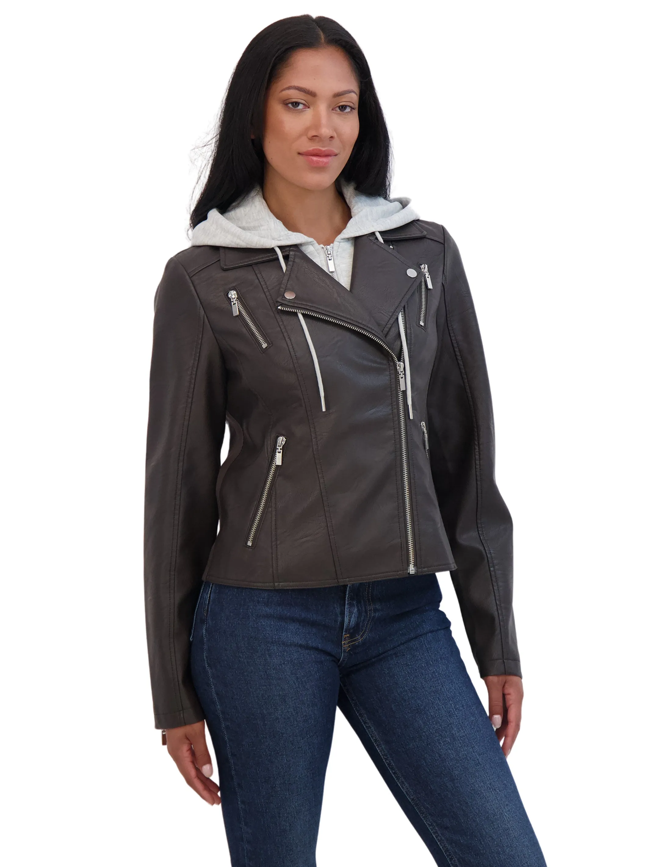 Sebby Collection Women's Faux Leather Biker Jacket With Removeable Hood Bib