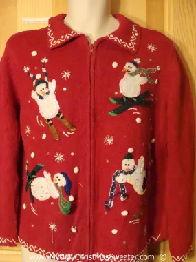 Skiing Snowmen Red Cheesy Christmas Sweater