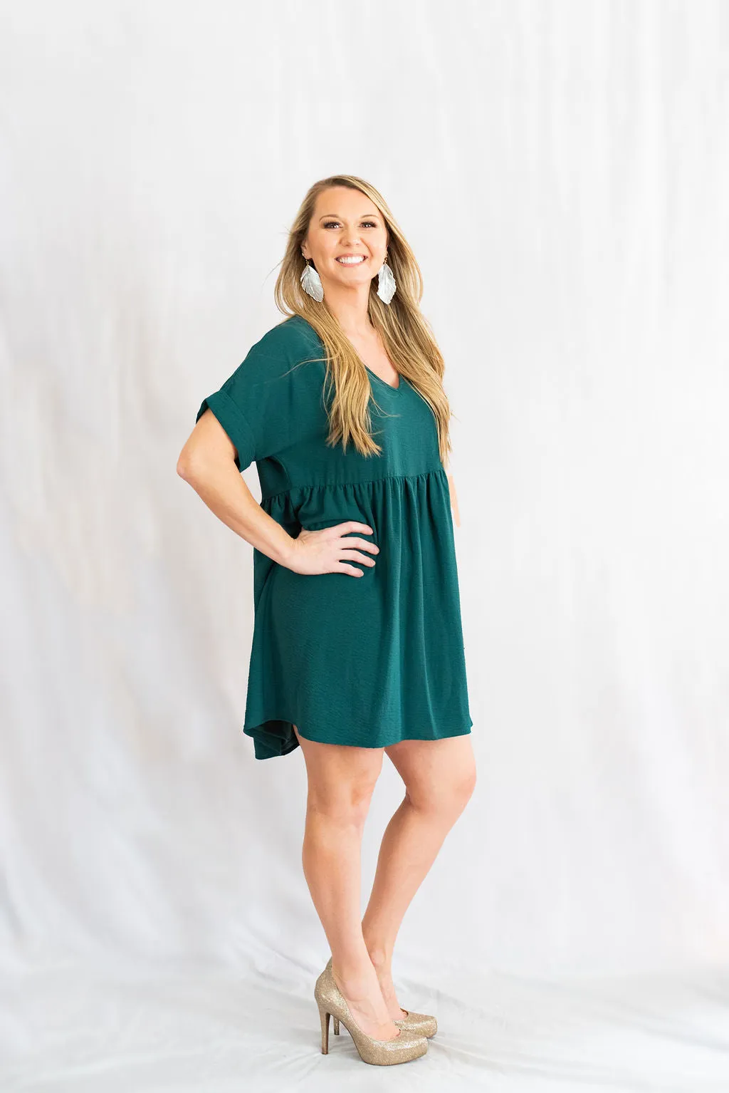 Solid Rolled Sleeve Basic Babydoll Dress by Entro Clothing