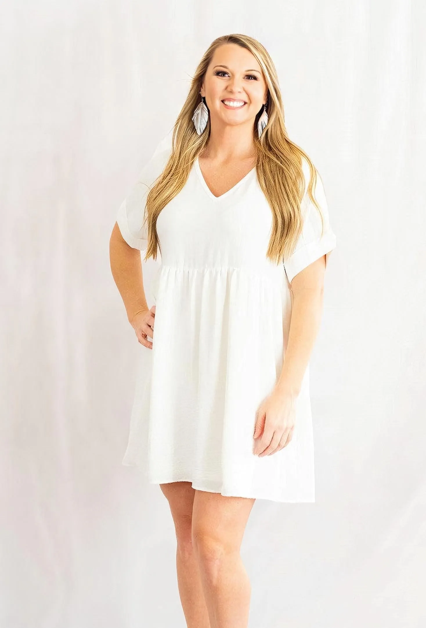 Solid Rolled Sleeve Basic Babydoll Dress by Entro Clothing