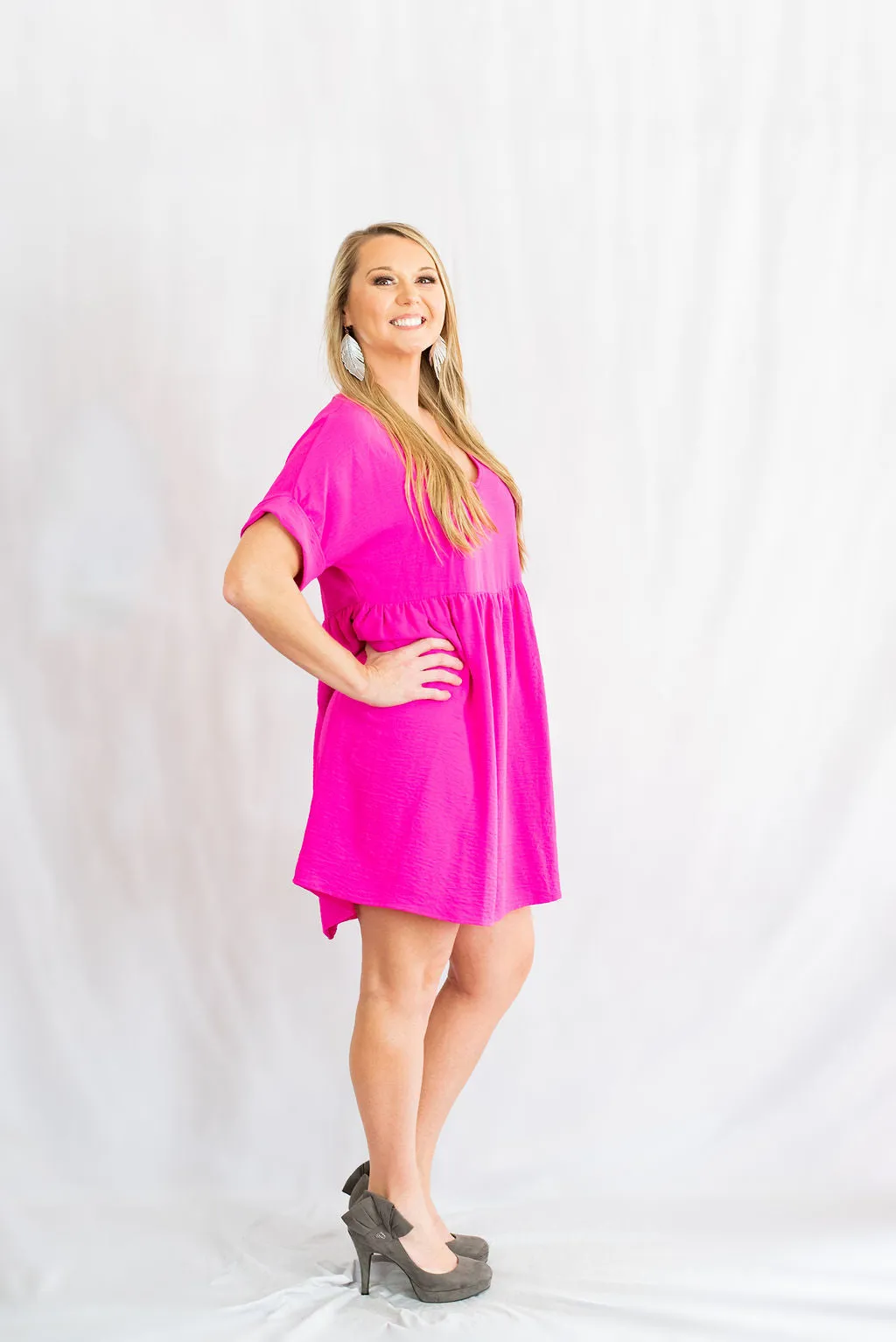 Solid Rolled Sleeve Basic Babydoll Dress by Entro Clothing