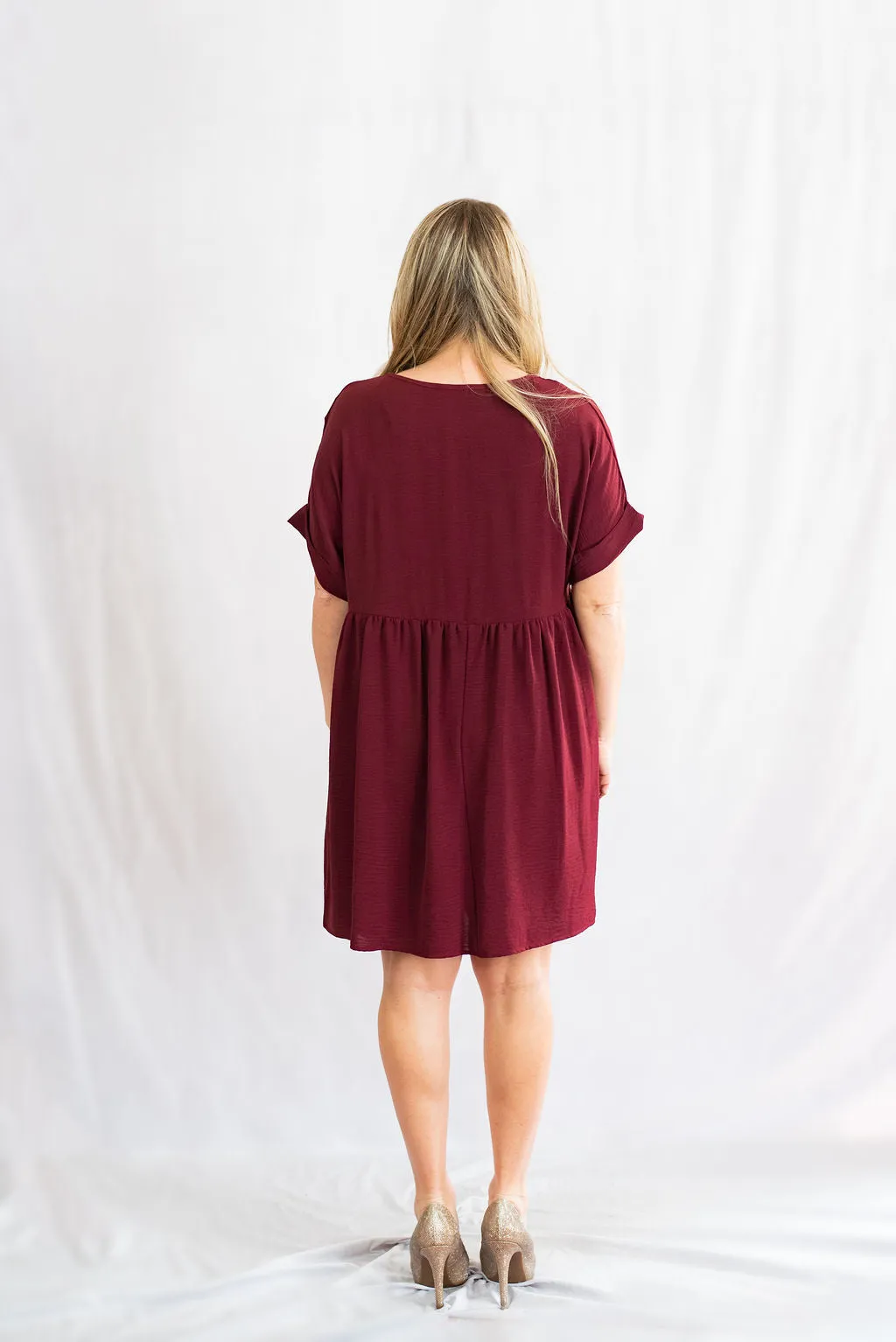 Solid Rolled Sleeve Basic Babydoll Dress by Entro Clothing