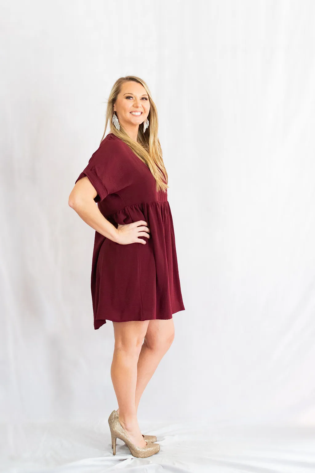 Solid Rolled Sleeve Basic Babydoll Dress by Entro Clothing