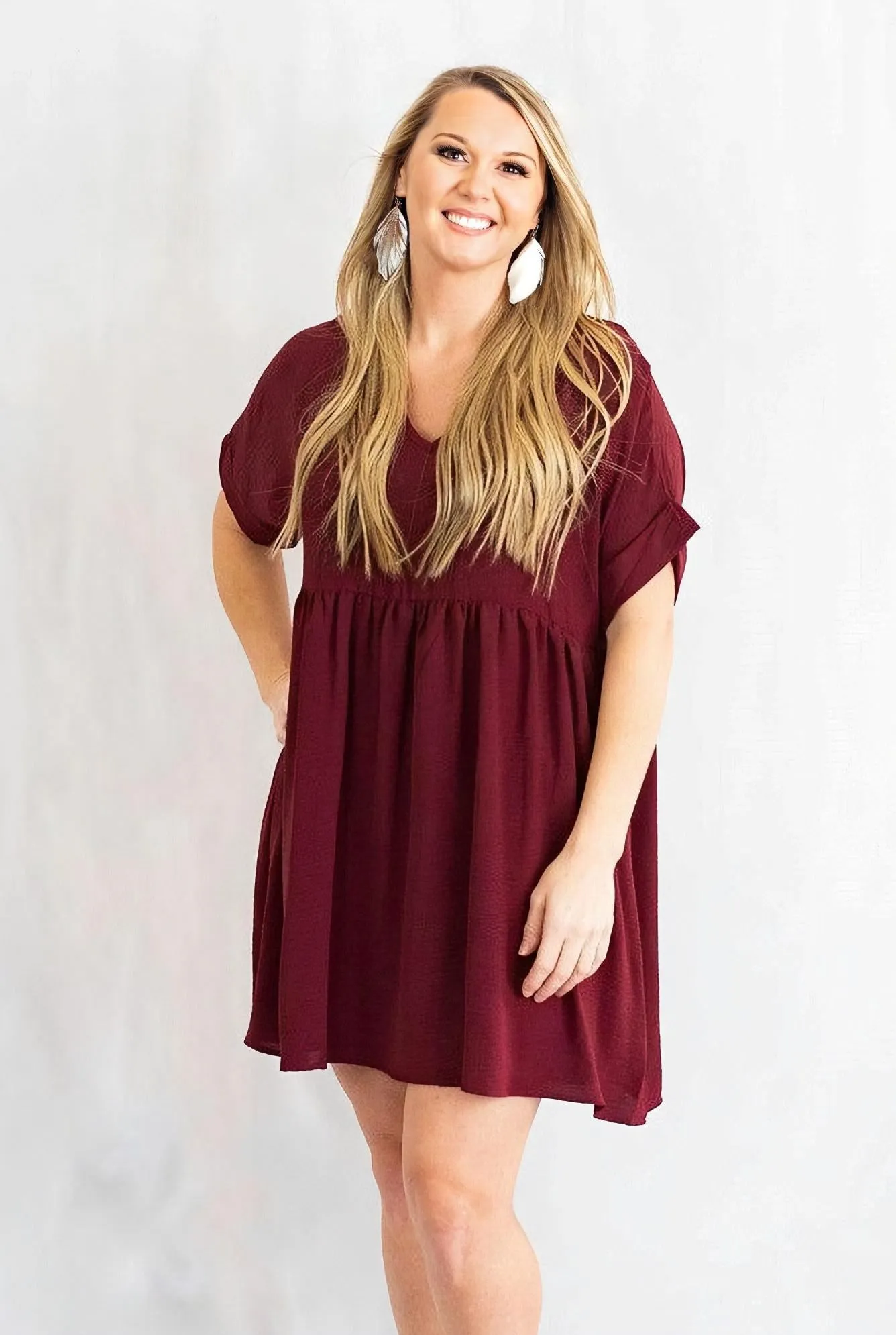 Solid Rolled Sleeve Basic Babydoll Dress by Entro Clothing