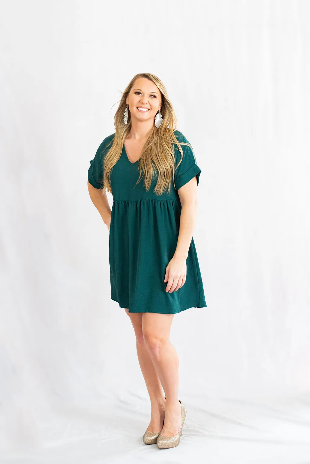 Solid Rolled Sleeve Basic Babydoll Dress by Entro Clothing