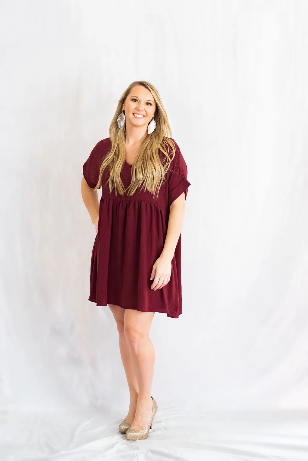 Solid Rolled Sleeve Basic Babydoll Dress by Entro Clothing