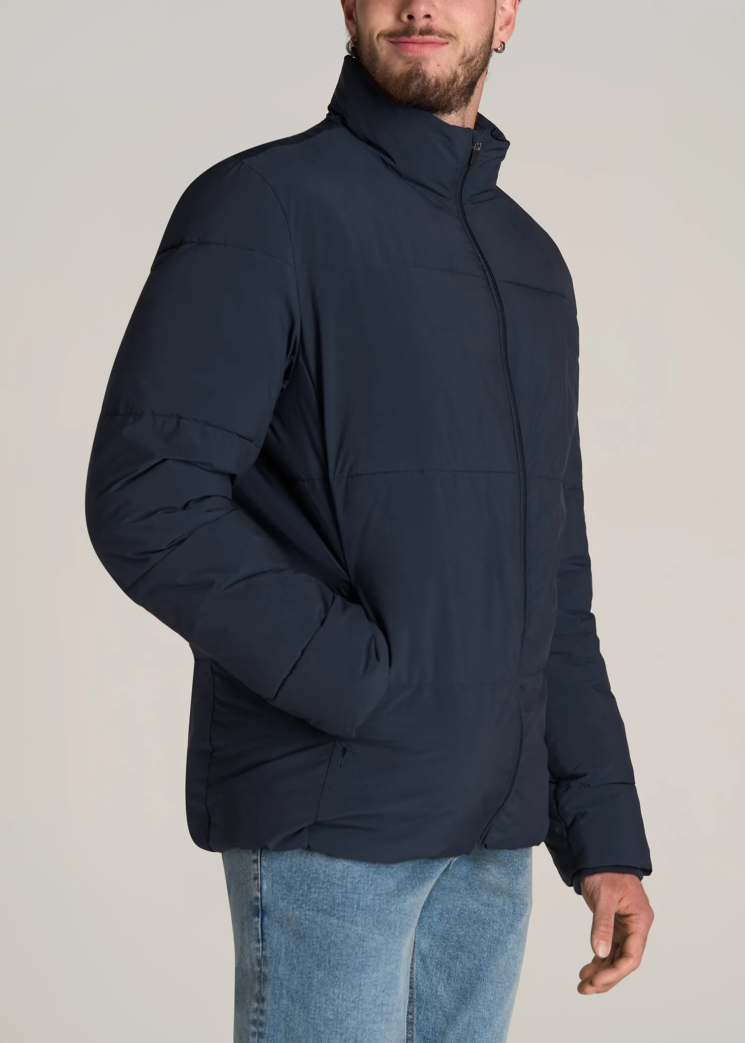 Stand Collar Puffer Coat Jacket for Tall Men in Evening Blue