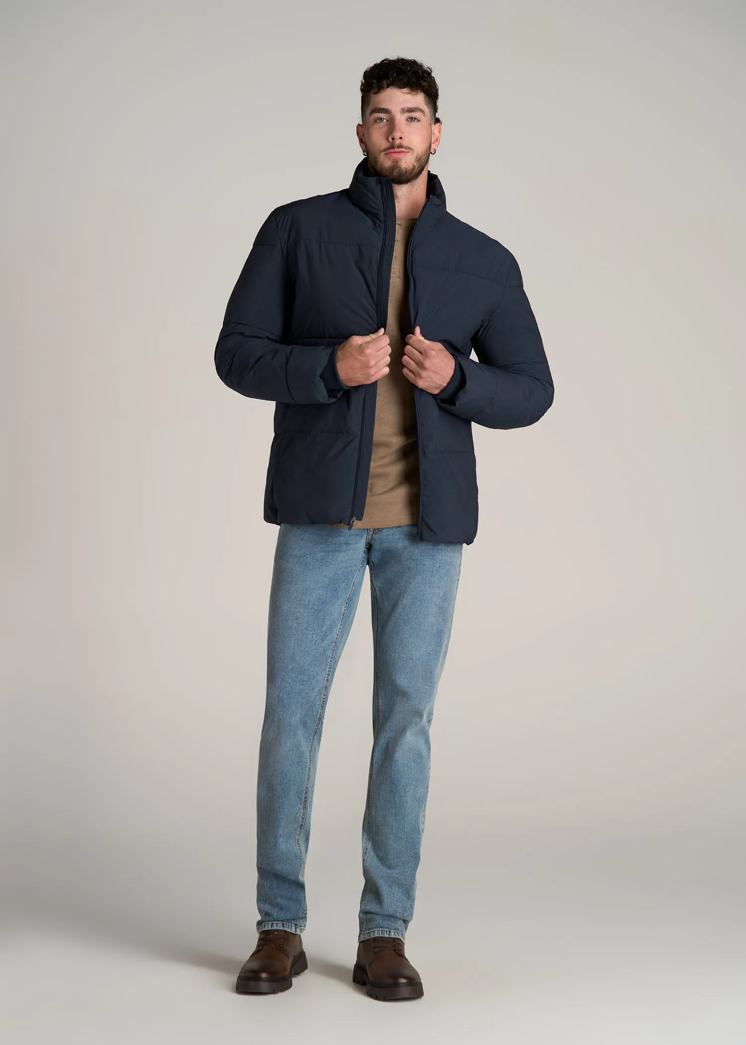 Stand Collar Puffer Coat Jacket for Tall Men in Evening Blue