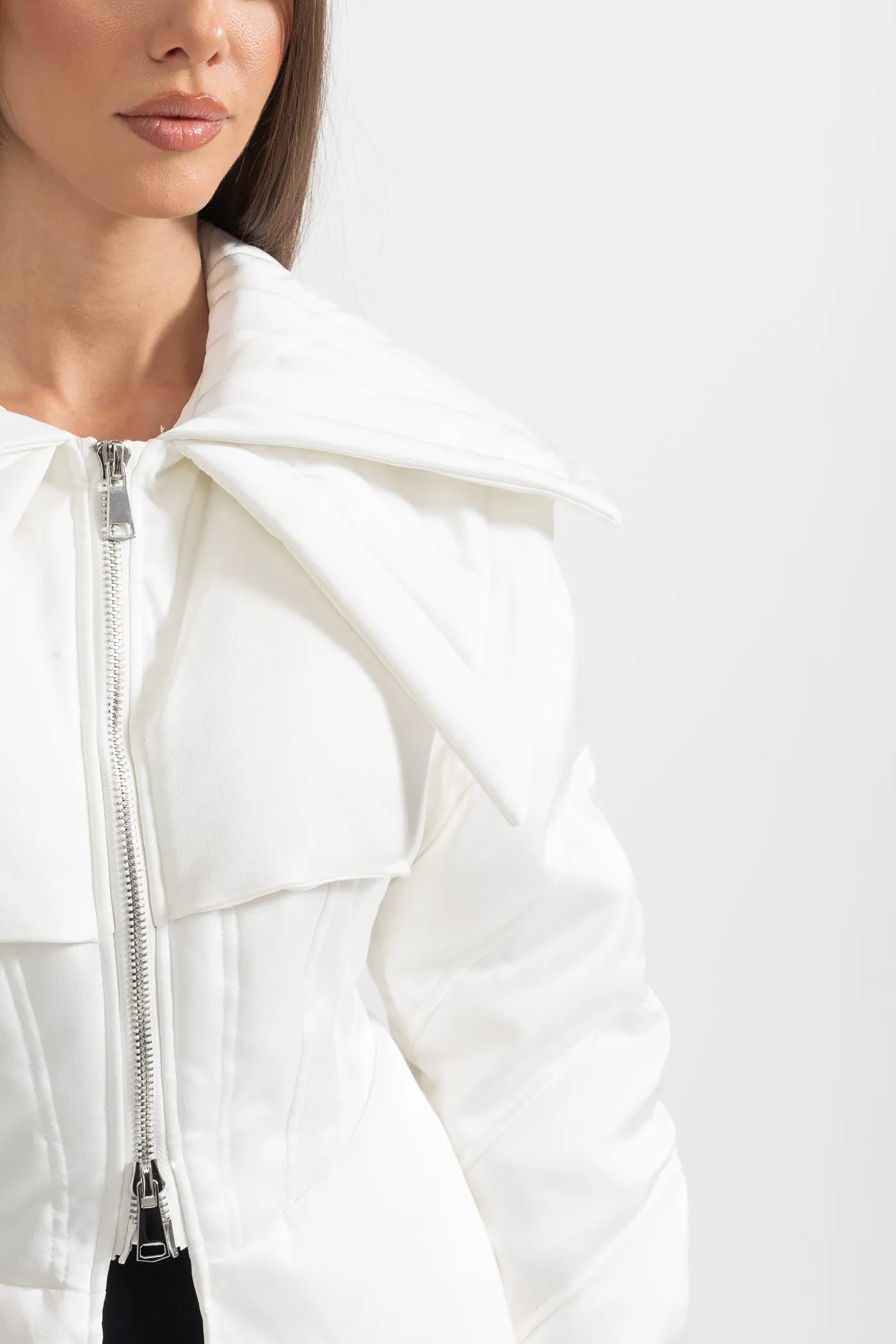 Structured Puffer Jacket With Oversized Lapels - White