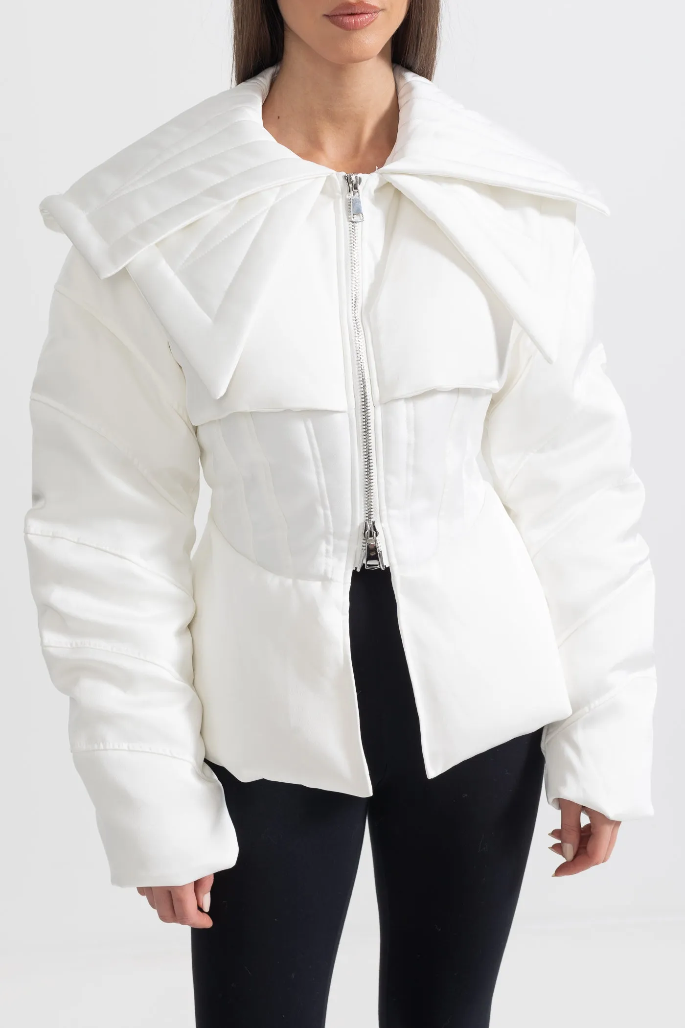 Structured Puffer Jacket With Oversized Lapels - White